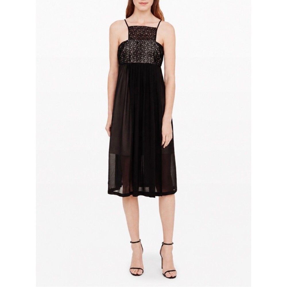 NWT Club Monaco Clamanta Silk Dress Sz 00 Black Eyelet Lace Empire Midi Cocktail
